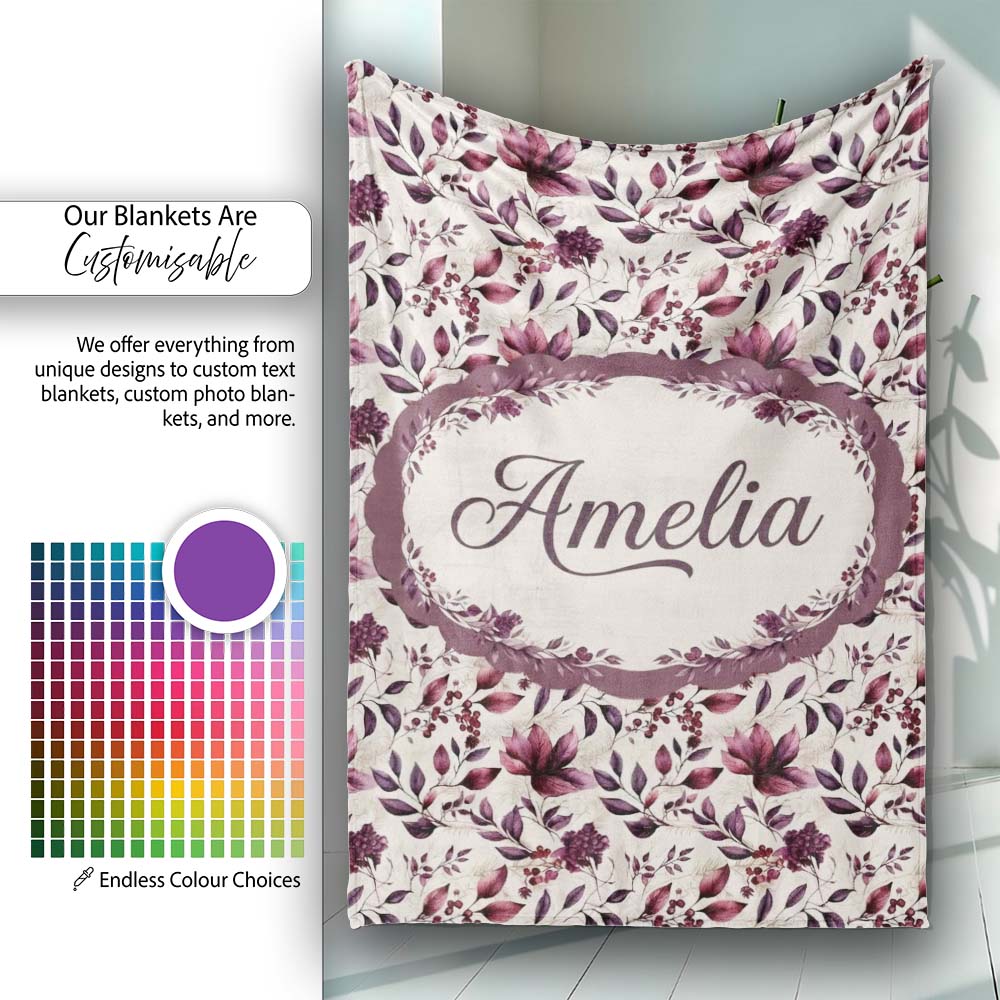 Elegant Plum Floral Branches with Berries on Cream Seamless Pattern Personalised Custom Name Super Soft Fleece Blanket Bed Sofa Throw