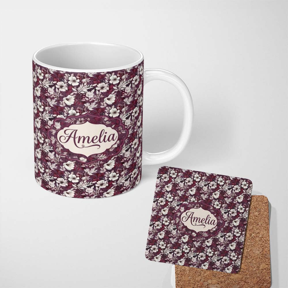 Personalized Custom Name Deep Mauve Floral Garden with Ivory Blossoms Seamless Pattern Name 11oz Ceramic Coffee Tea Mug White Large Handle