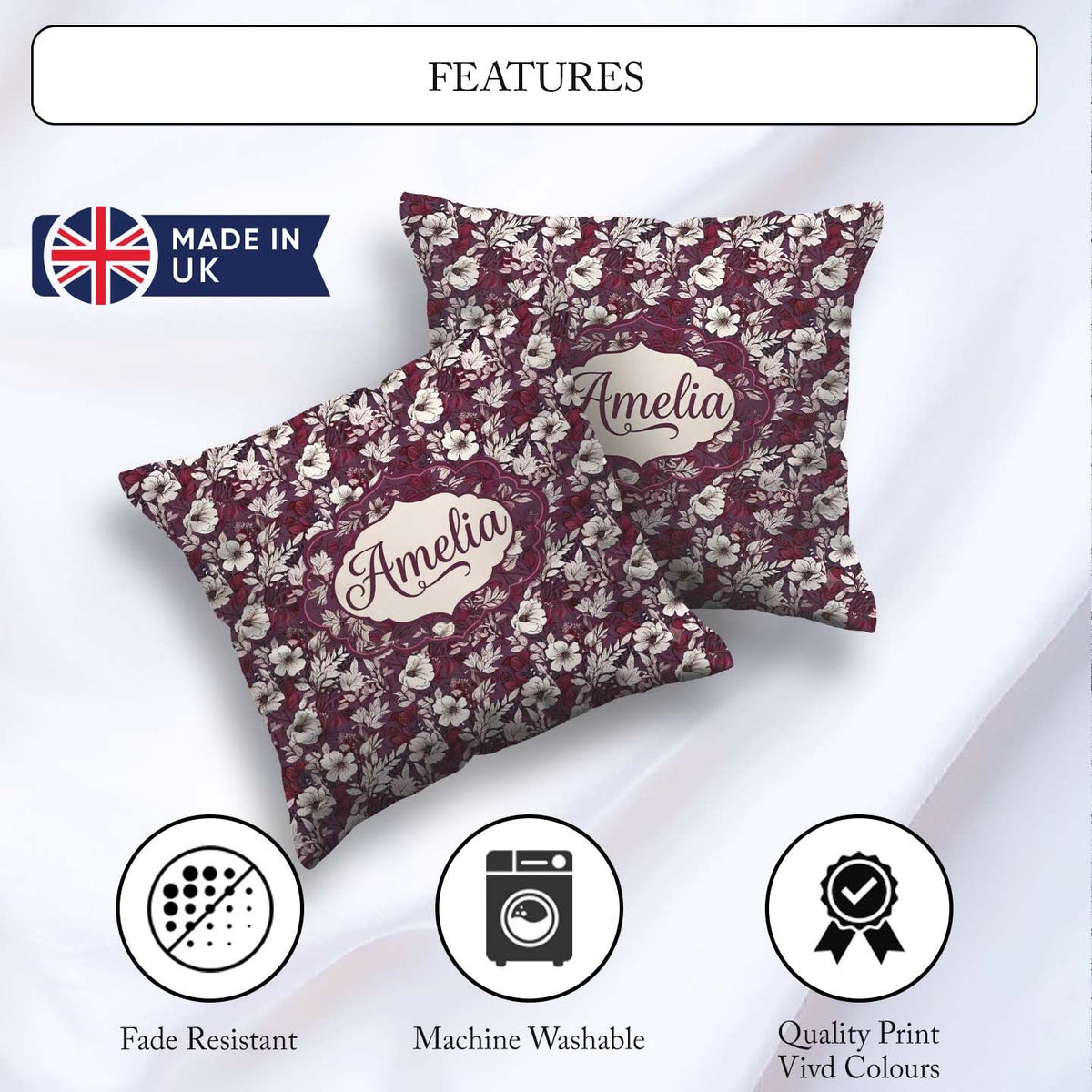 Custom Name Deep Mauve Floral Garden with Ivory Blossoms Pattern Square Filled Cushion Throw Pillow Sofa Bed Home Decor Zip Washable UK Made