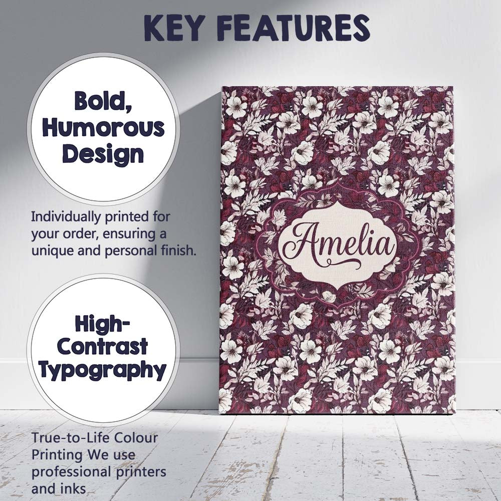 Personalised Name Deep Mauve Floral Garden Custom Unique Gift Idea Elegant Feature Canvas Wall Art Print Decor Picture Ready to Hang
