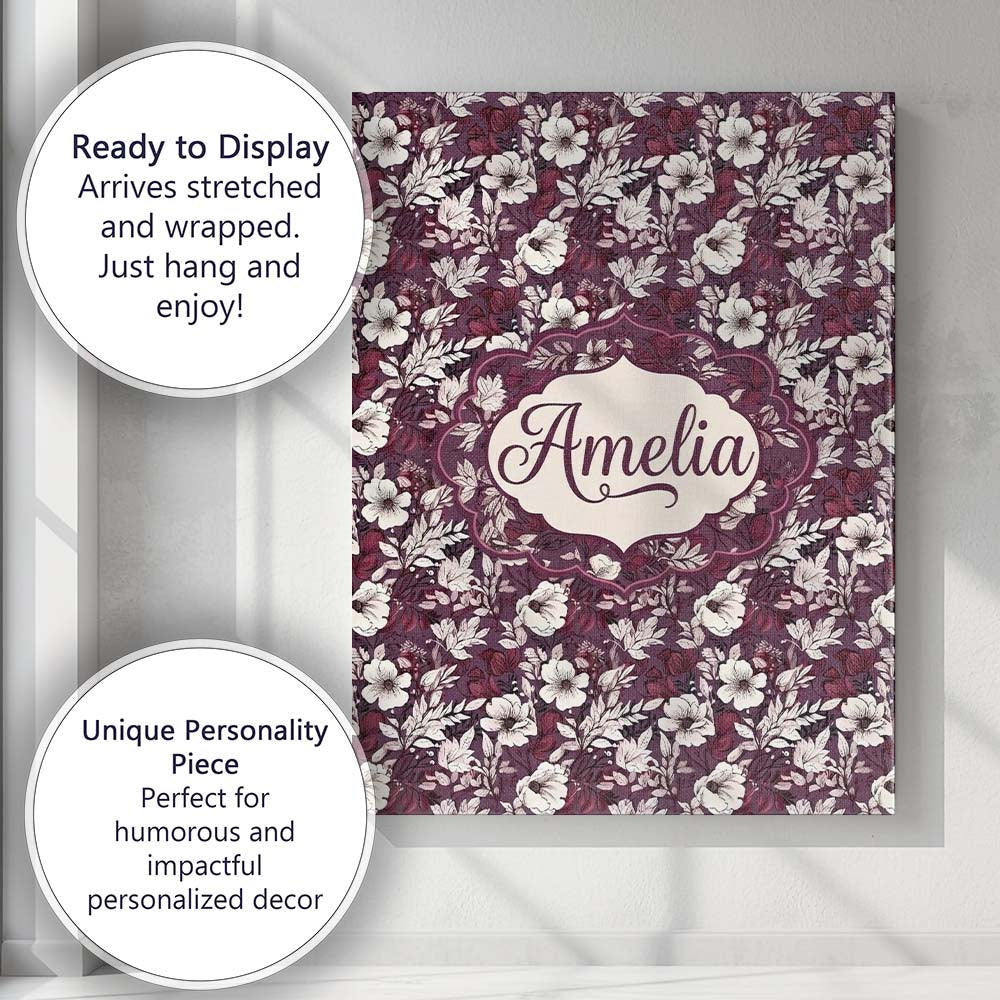 Personalised Name Deep Mauve Floral Garden Custom Unique Gift Idea Elegant Feature Canvas Wall Art Print Decor Picture Ready to Hang