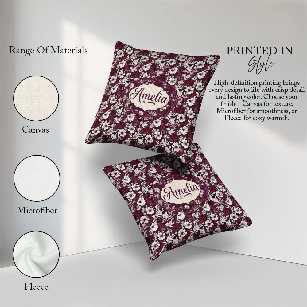 Custom Name Deep Mauve Floral Garden with Ivory Blossoms Pattern Square Filled Cushion Throw Pillow Sofa Bed Home Decor Zip Washable UK Made