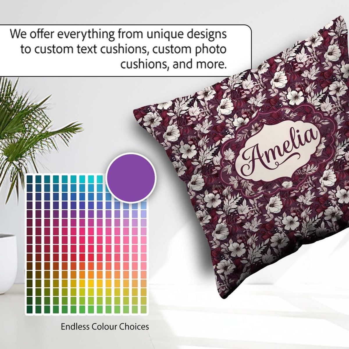 Custom Name Deep Mauve Floral Garden with Ivory Blossoms Pattern Square Filled Cushion Throw Pillow Sofa Bed Home Decor Zip Washable UK Made