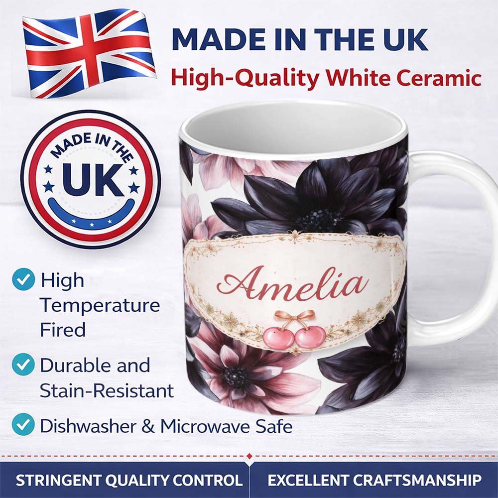 Personalized Custom Name Dark Gothic Floral Dahlia Black Pink Elegant Flower Pattern Lovely 11oz Ceramic Coffee Tea Mug White Large Handle