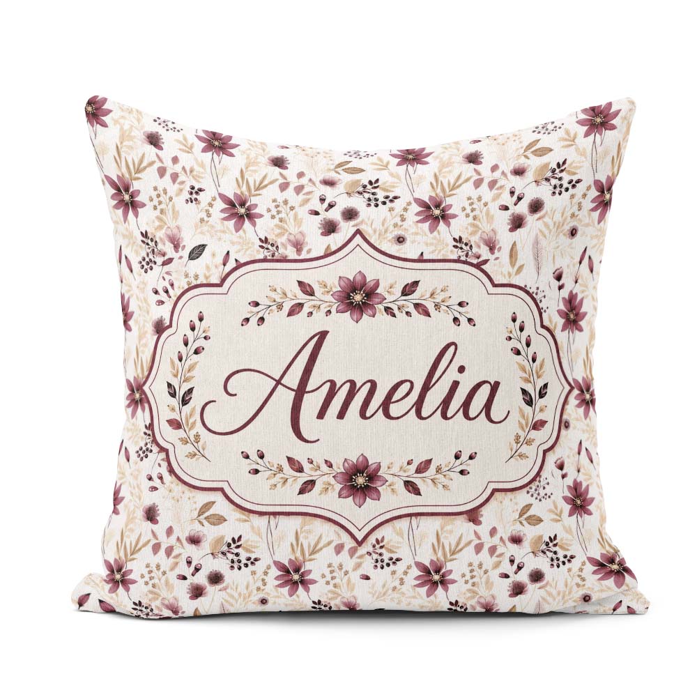 Custom Name Soft Beige and Burgundy Wildflower Botanical Pattern Square Filled Cushion Throw Pillow Sofa Bed Home Decor Zip Washable UK Made