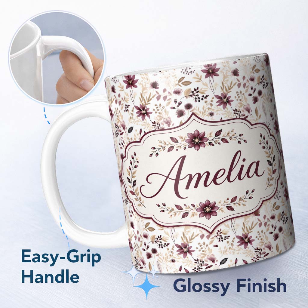 Personalized Custom Name Soft Beige and Burgundy Wildflower Botanical Seamless Pattern Name 11oz Ceramic Coffee Tea Mug White Large Handle