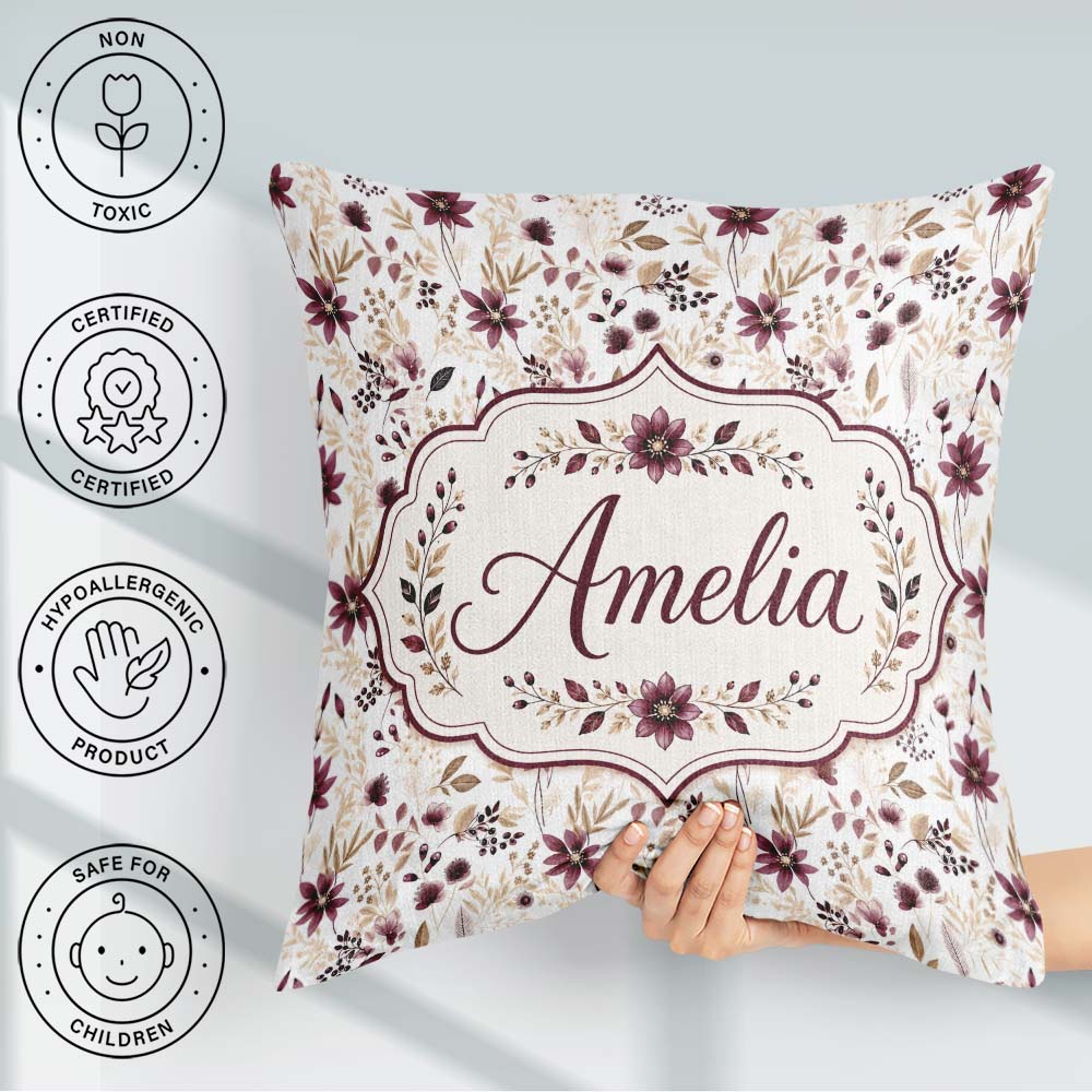 Custom Name Soft Beige and Burgundy Wildflower Botanical Pattern Square Filled Cushion Throw Pillow Sofa Bed Home Decor Zip Washable UK Made