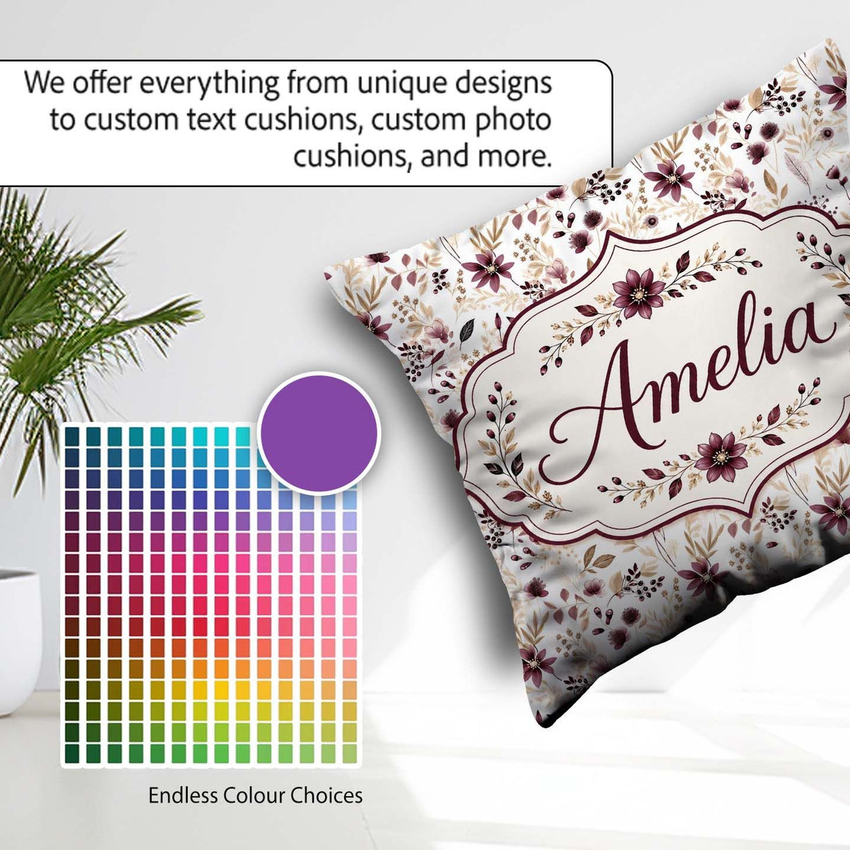 Custom Name Soft Beige and Burgundy Wildflower Botanical Pattern Square Filled Cushion Throw Pillow Sofa Bed Home Decor Zip Washable UK Made