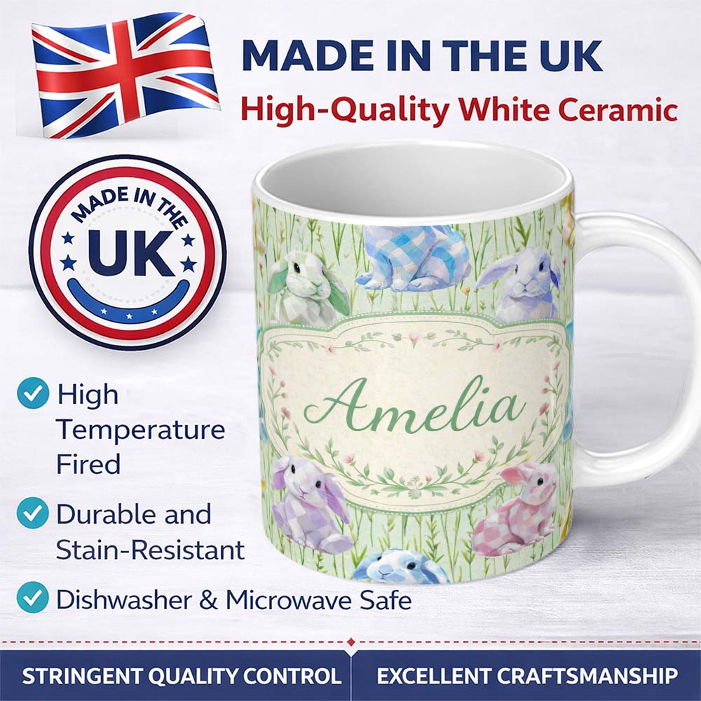 Personalized Custom Name Pastel Bunny Meadow Spring Seamless Pattern Charming Kitchen Decor 11oz Ceramic Coffee Tea Mug White Large Handle