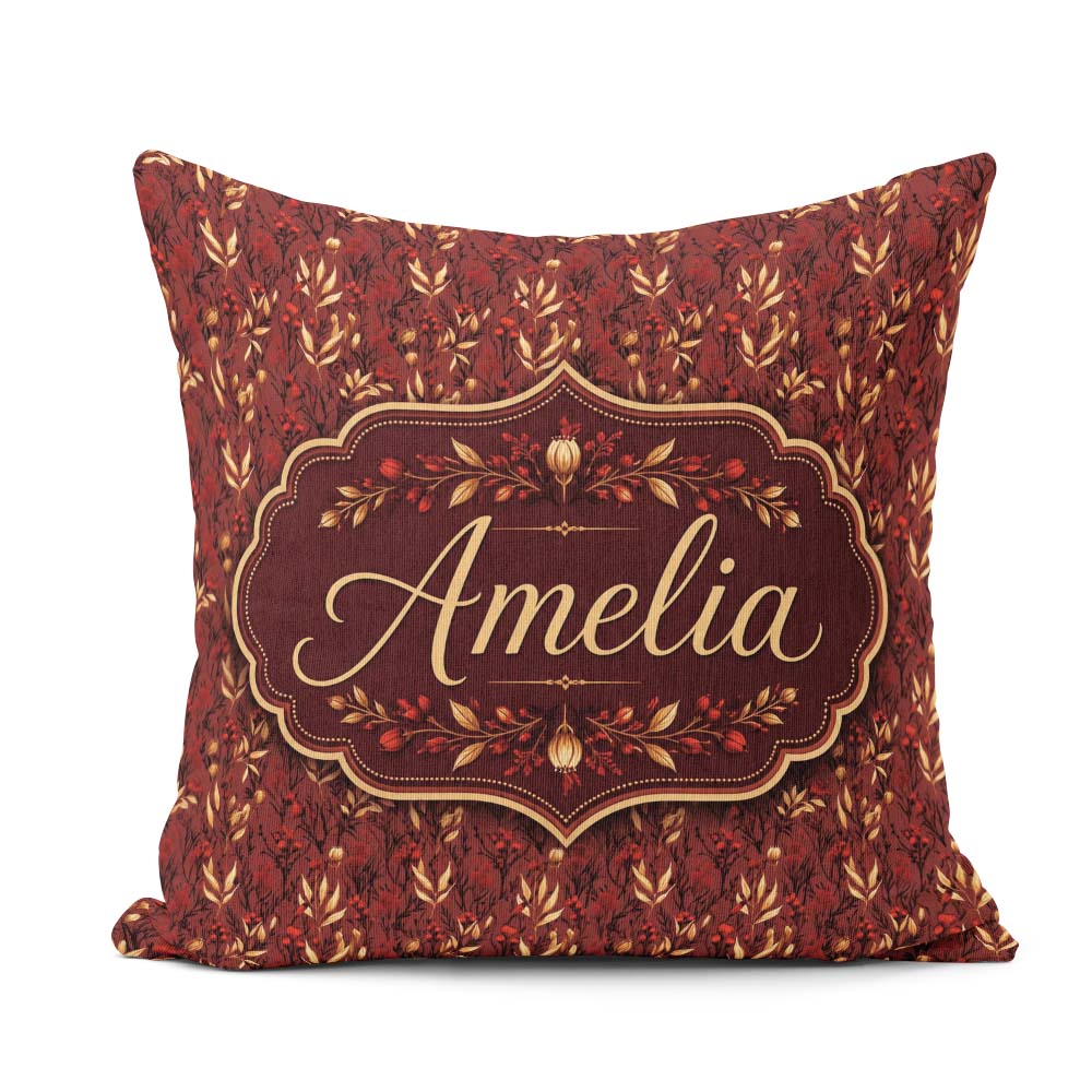 Custom Name Rich Red and Gold Autumn Botanical Pattern Name Cute Square Filled Cushion Throw Pillow Sofa Bed Home Decor Zip Washable UK Made