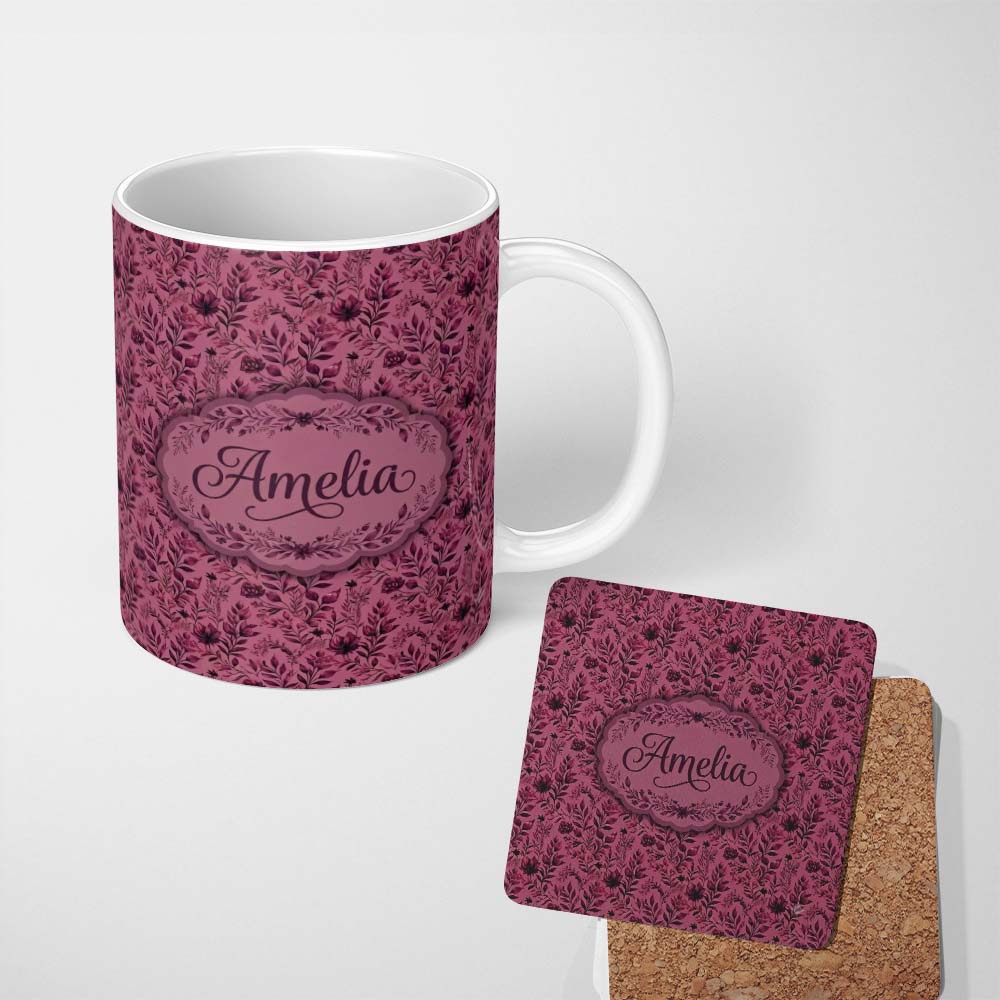 Personalized Custom Name Vintage Mauve Floral Silhouette Pattern on Dusky Background 11oz Ceramic Coffee Tea Mug White Large Handle