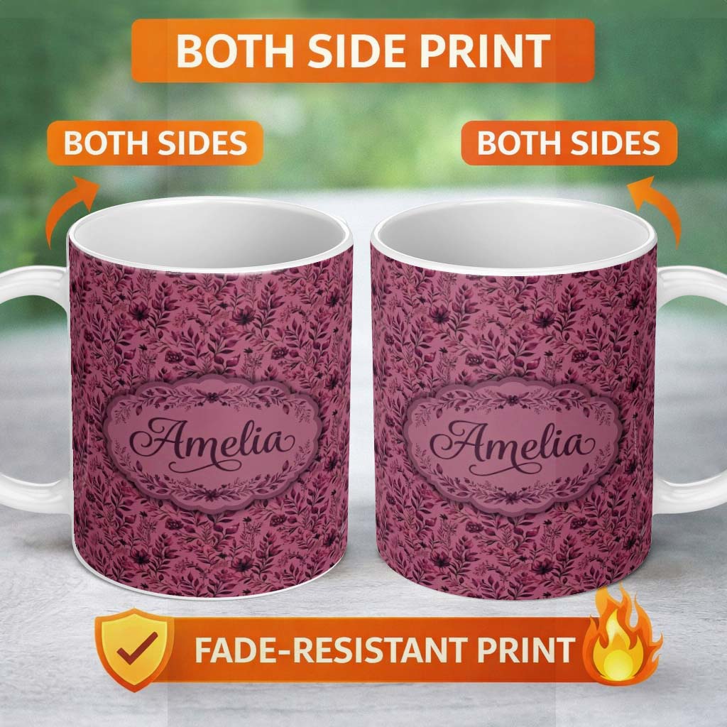 Personalized Custom Name Vintage Mauve Floral Silhouette Pattern on Dusky Background 11oz Ceramic Coffee Tea Mug White Large Handle