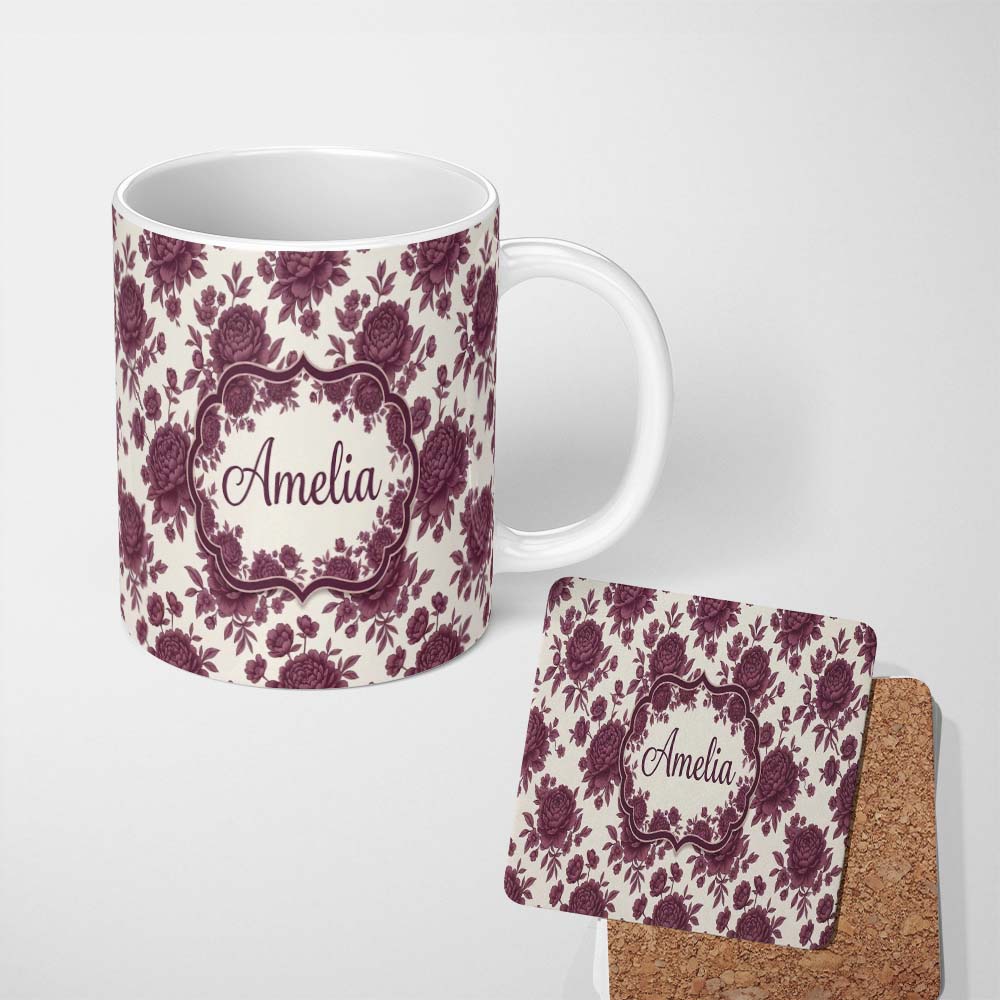 Personalized Custom Name Classic Beige Background with Burgundy Floral Sprigs Seamless 11oz Ceramic Coffee Tea Mug White Large Handle