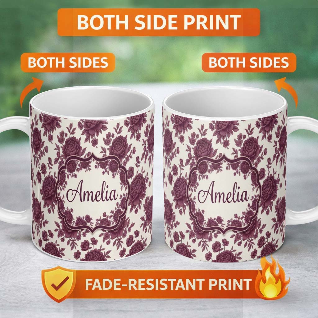 Personalized Custom Name Classic Beige Background with Burgundy Floral Sprigs Seamless 11oz Ceramic Coffee Tea Mug White Large Handle