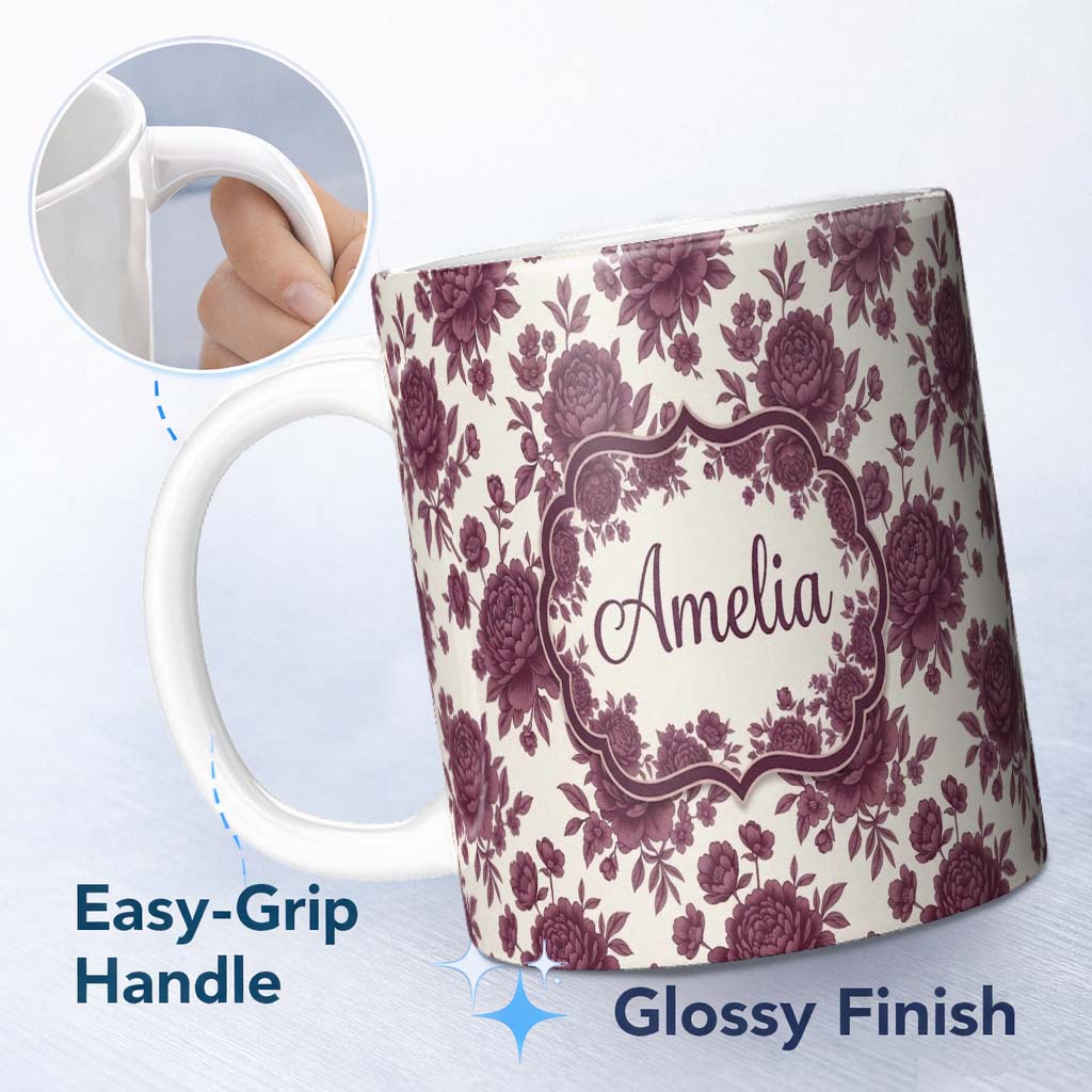 Personalized Custom Name Classic Beige Background with Burgundy Floral Sprigs Seamless 11oz Ceramic Coffee Tea Mug White Large Handle