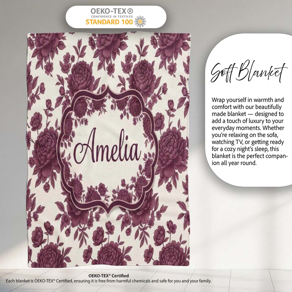Classic Beige Background with Burgundy Floral Sprigs Seamless Personalised Custom Name Super Soft Fleece Blanket Bed Sofa Throw