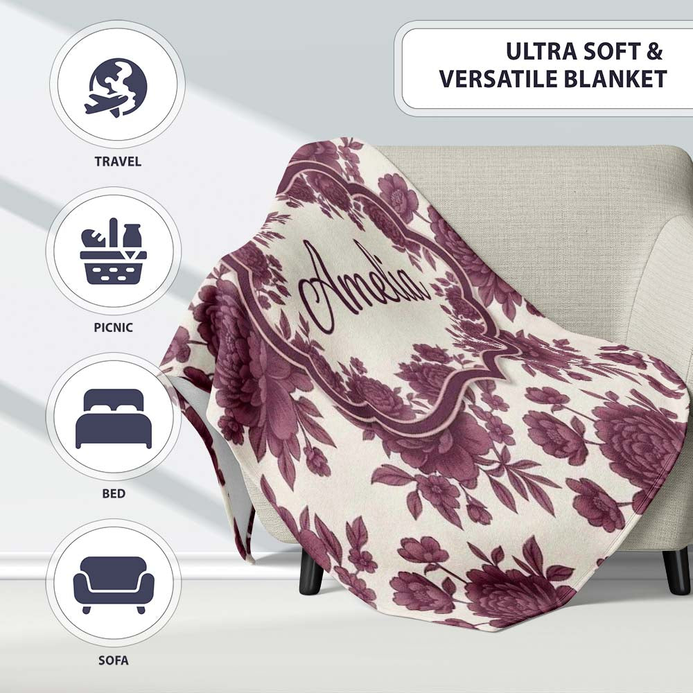 Classic Beige Background with Burgundy Floral Sprigs Seamless Personalised Custom Name Super Soft Fleece Blanket Bed Sofa Throw