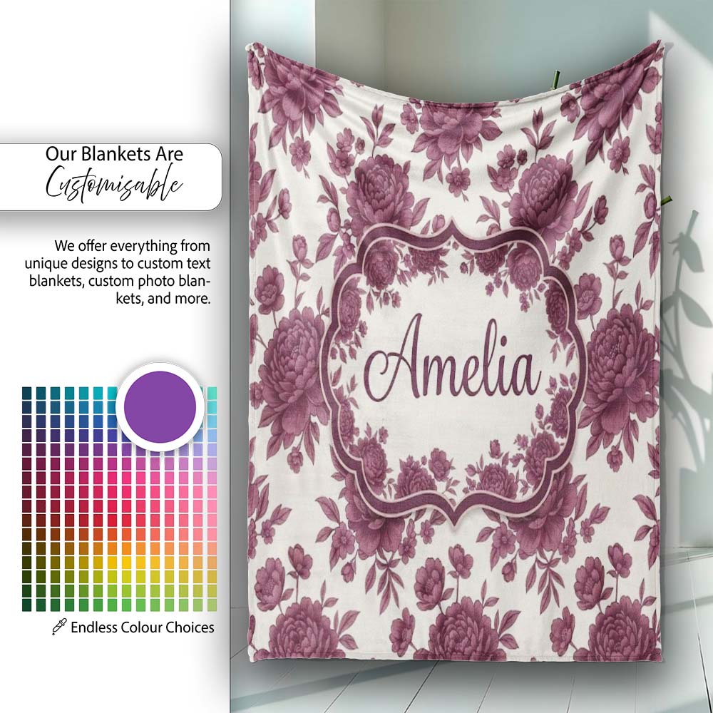 Classic Beige Background with Burgundy Floral Sprigs Seamless Personalised Custom Name Super Soft Fleece Blanket Bed Sofa Throw