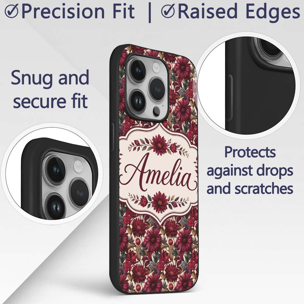 Bold Red Dahlia Floral Pattern Printed Design Custom Name Protective Phone Case Mobile Cover Durable Everyday Smartphone Shock Resistant