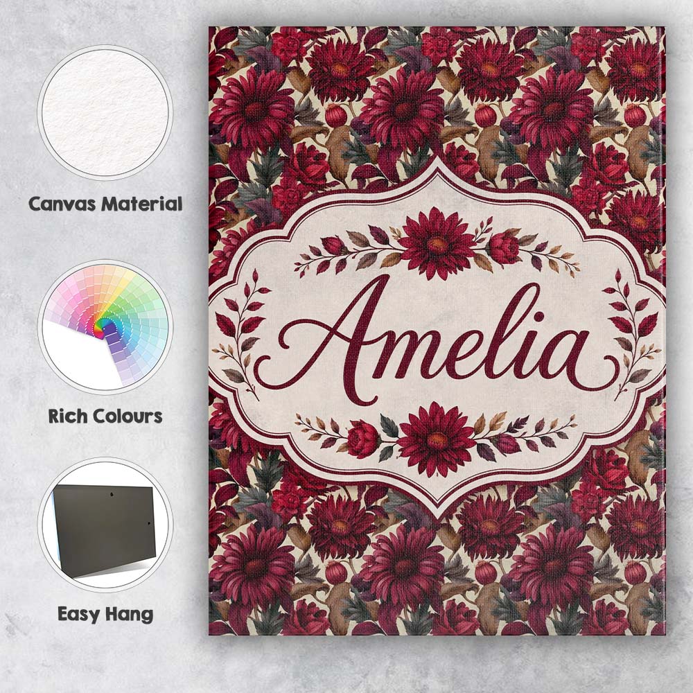 Personalised Name Bold Red Dahlia Floral Custom Unique Gift Idea Elegant Feature Canvas Wall Art Print Decor Picture Ready to Hang