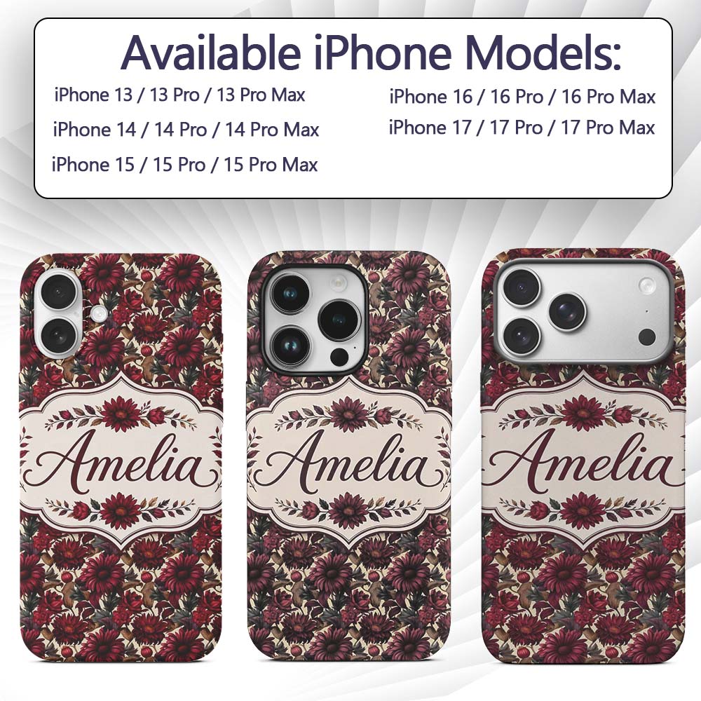 Bold Red Dahlia Floral Pattern Printed Design Custom Name Protective Phone Case Mobile Cover Durable Everyday Smartphone Shock Resistant