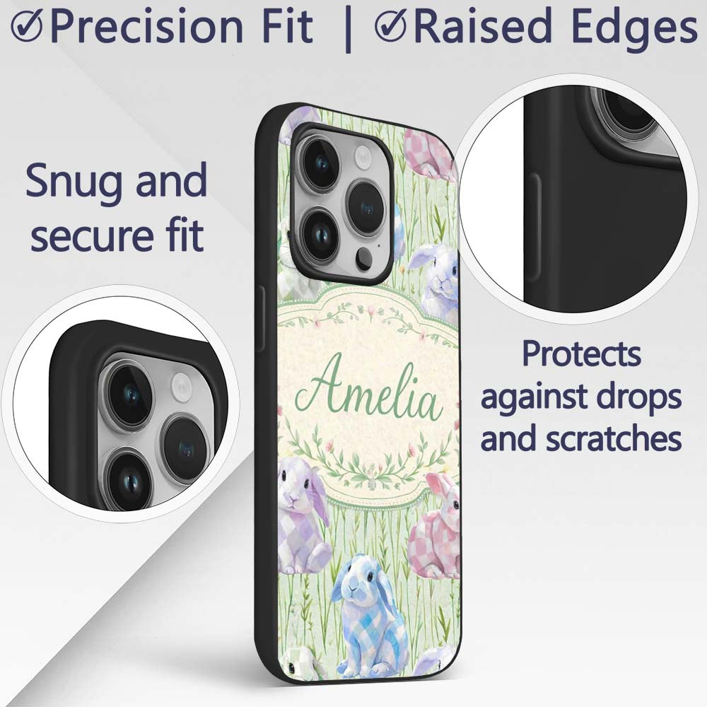 Pastel Bunny Meadow Spring Decorative Design Custom Name Protective Phone Case Mobile Cover Durable Everyday Smartphone Shock Resistant