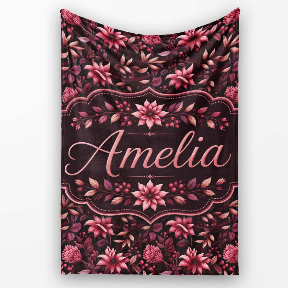 Dark Burgundy Floral Blooms with Leaves Seamless Pattern Name Cute Personalised Custom Name Super Soft Fleece Blanket Bed Sofa Throw