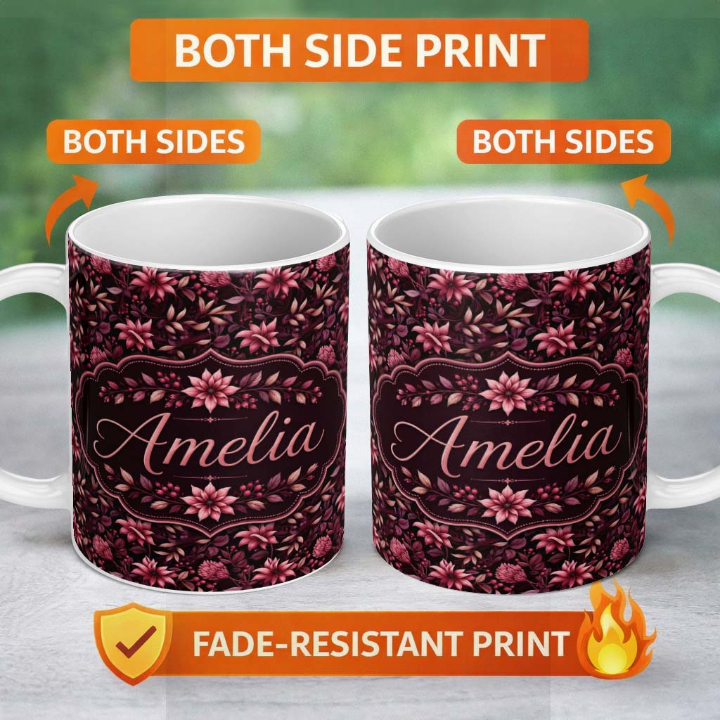 Personalized Custom Name Dark Burgundy Floral Blooms with Leaves Seamless Pattern Name Cute 11oz Ceramic Coffee Tea Mug White Large Handle