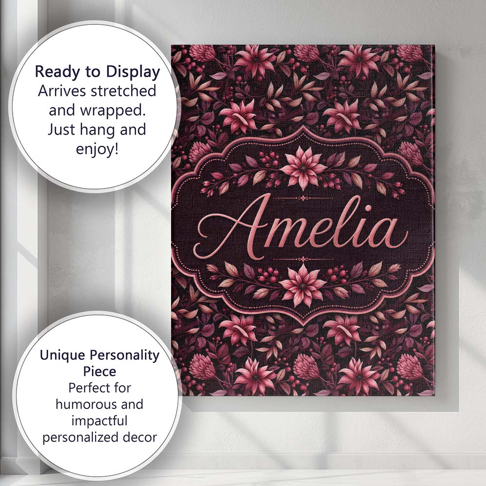 Personalised Name Dark Burgundy Floral Custom Modern Room Accent Elegant Feature Canvas Wall Art Print Decor Picture Ready to Hang