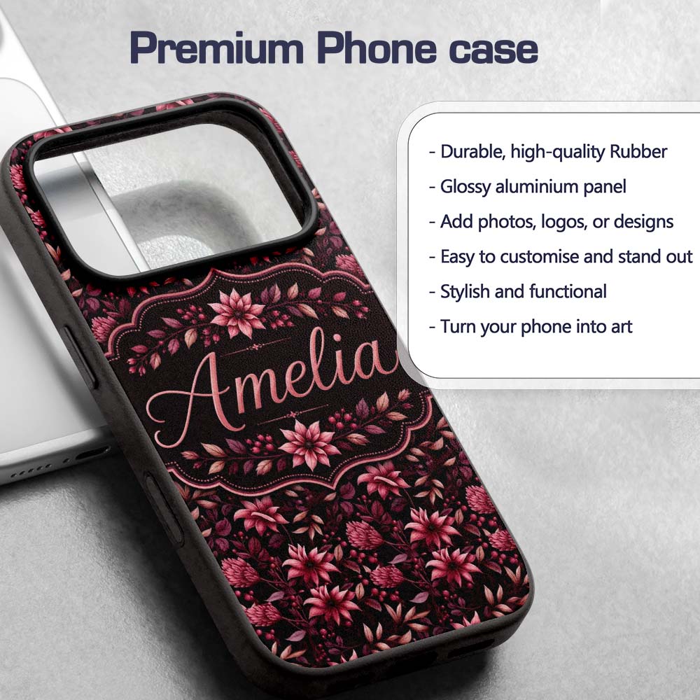 Dark Burgundy Floral Blooms with Leaves Seamless Custom Name Protective Phone Case Mobile Cover Durable Everyday Smartphone Shock Resistant