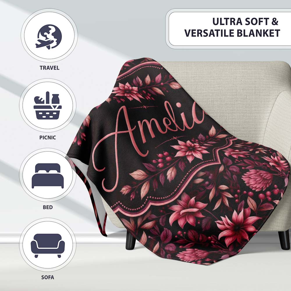Dark Burgundy Floral Blooms with Leaves Seamless Pattern Name Cute Personalised Custom Name Super Soft Fleece Blanket Bed Sofa Throw