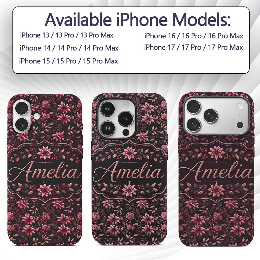 Dark Burgundy Floral Blooms with Leaves Seamless Custom Name Protective Phone Case Mobile Cover Durable Everyday Smartphone Shock Resistant