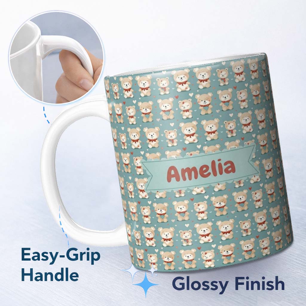 Personalized Custom Name Cute Teddy Bears with Hearts on Blue Background Seamless Pattern 11oz Ceramic Coffee Tea Mug White Large Handle