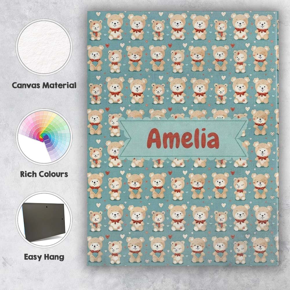 Personalised Name Cute Teddy Bears with Custom Modern Room Accent Elegant Feature Canvas Wall Art Print Decor Picture Ready to Hang