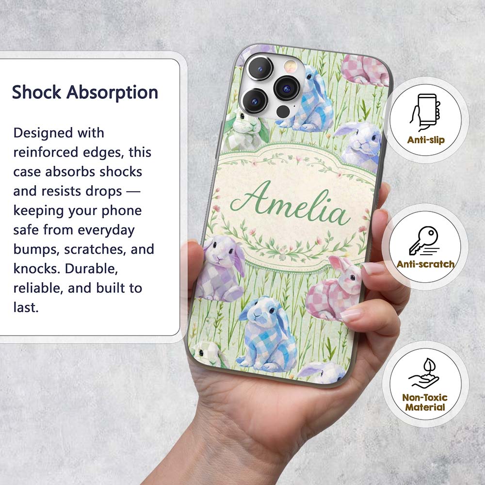 Pastel Bunny Meadow Spring Decorative Design Custom Name Protective Phone Case Mobile Cover Durable Everyday Smartphone Shock Resistant