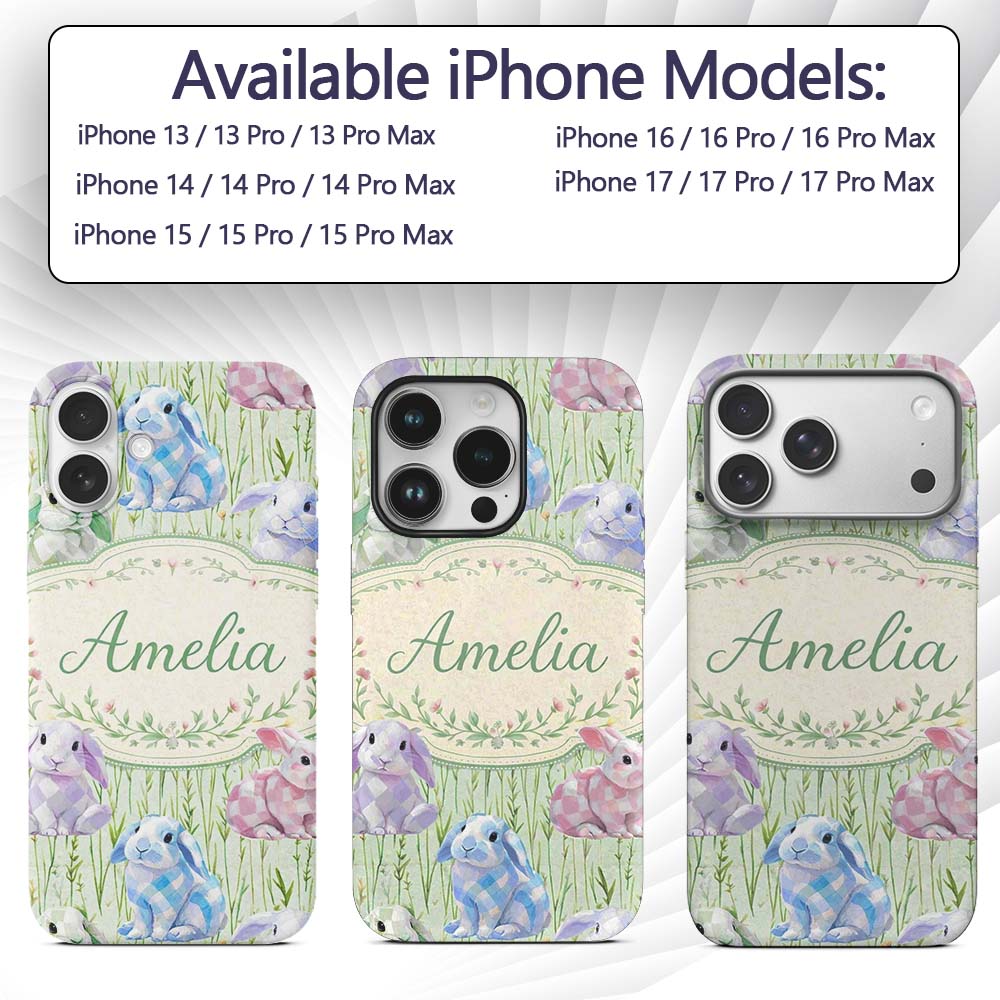 Pastel Bunny Meadow Spring Decorative Design Custom Name Protective Phone Case Mobile Cover Durable Everyday Smartphone Shock Resistant