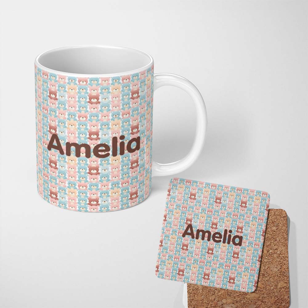 Personalized Custom Name Pastel Teddy Bear Faces Repeating Pattern Seamless Name Cute Unique 11oz Ceramic Coffee Tea Mug White Large Handle