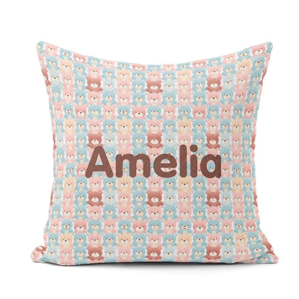 Custom Name Pastel Teddy Bear Faces Repeating Seamless Name Cute Square Filled Cushion Throw Pillow Sofa Bed Home Decor Zip Washable UK Made