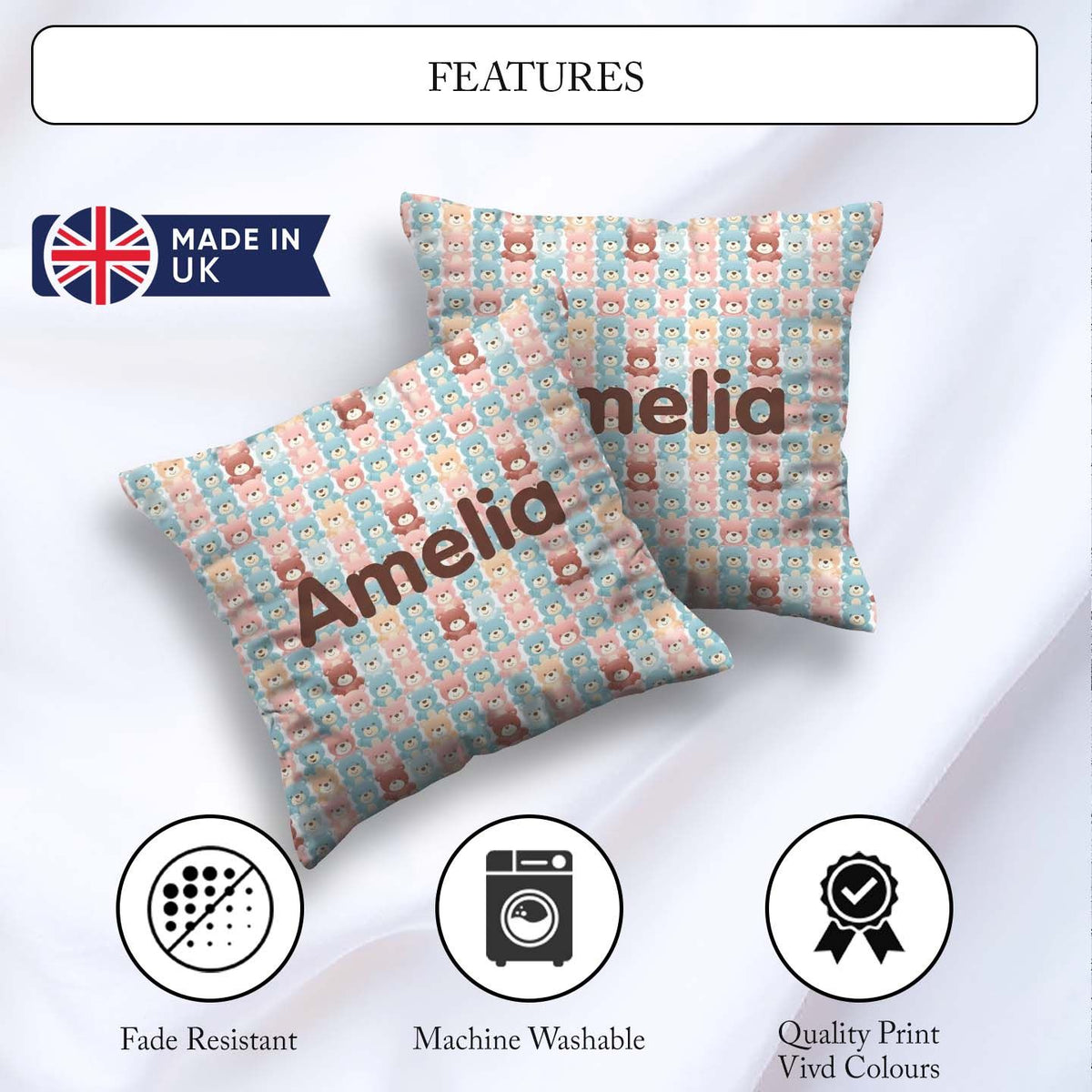 Custom Name Pastel Teddy Bear Faces Repeating Seamless Name Cute Square Filled Cushion Throw Pillow Sofa Bed Home Decor Zip Washable UK Made