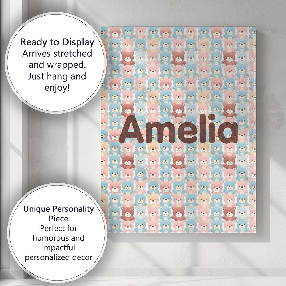 Personalised Name Pastel Teddy Bear Faces Custom Unique Gift Idea Elegant Feature Canvas Wall Art Print Decor Picture Ready to Hang