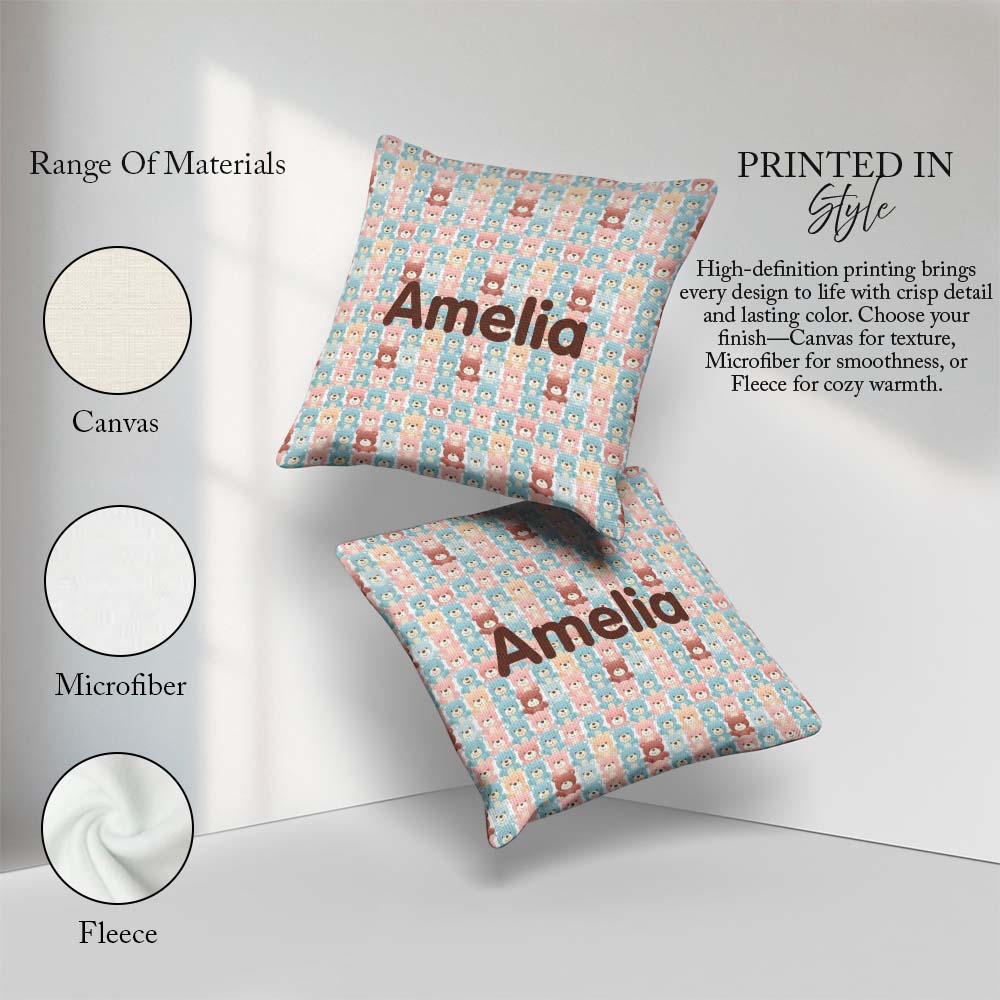 Custom Name Pastel Teddy Bear Faces Repeating Seamless Name Cute Square Filled Cushion Throw Pillow Sofa Bed Home Decor Zip Washable UK Made
