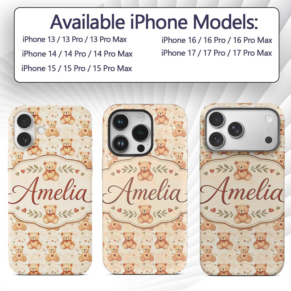 Vintage Teddy Bears with Hearts on Beige Seamless Custom Name Protective Phone Case Mobile Cover Durable Everyday Smartphone Shock Resistant