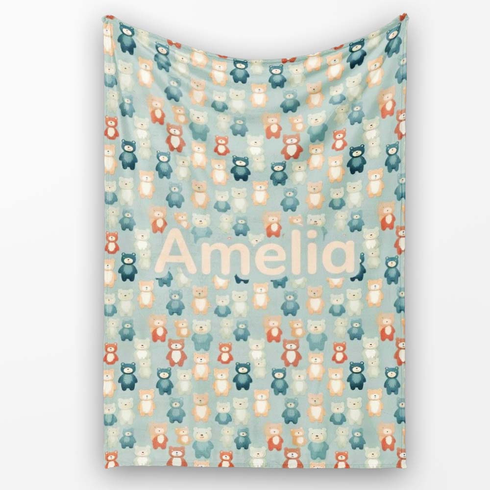 Colorful Teddy Bears on Soft Blue Background Seamless Pattern Name Personalised Custom Name Super Soft Fleece Blanket Bed Sofa Throw