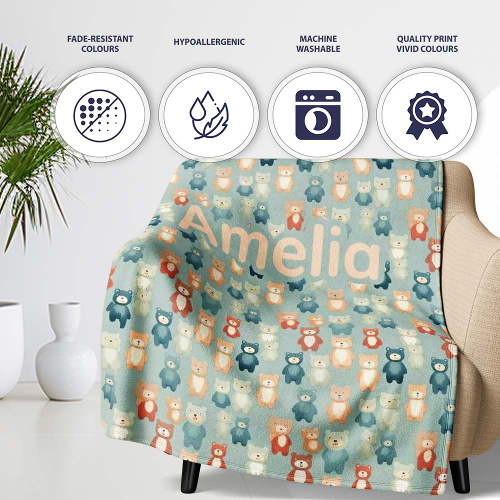 Colorful Teddy Bears on Soft Blue Background Seamless Pattern Name Personalised Custom Name Super Soft Fleece Blanket Bed Sofa Throw