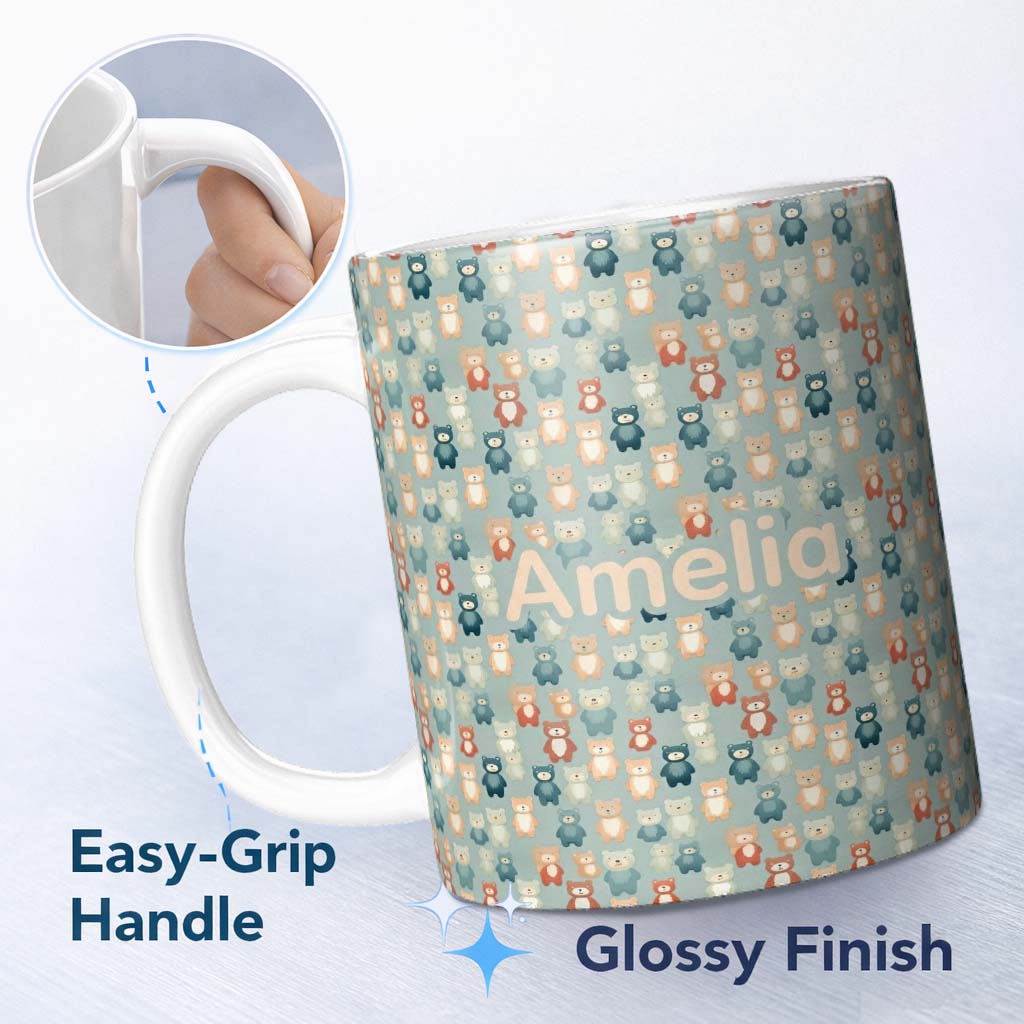 Personalized Custom Name Colorful Teddy Bears on Soft Blue Background Seamless Pattern Name 11oz Ceramic Coffee Tea Mug White Large Handle