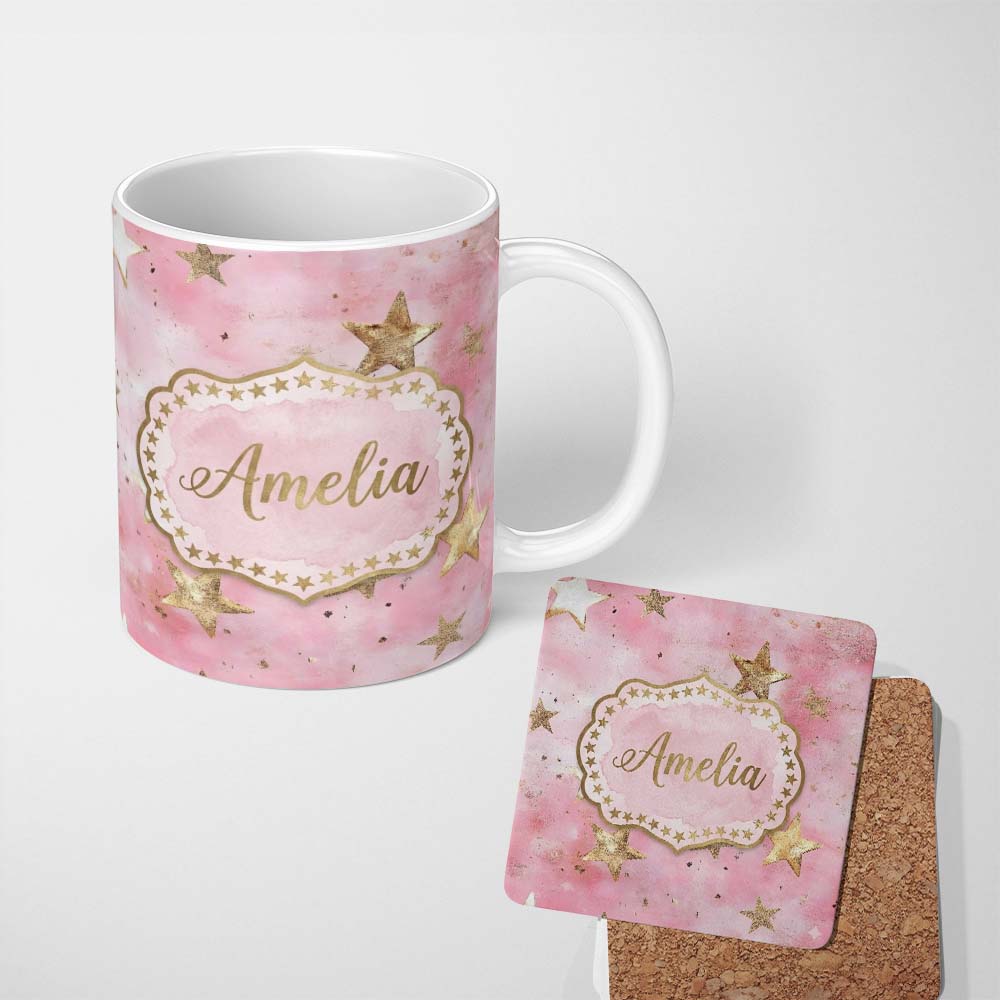Personalized Custom Name Gold Star Pink Watercolor Textured Festive Seamless Pattern Lovely 11oz Ceramic Coffee Tea Mug White Large Handle