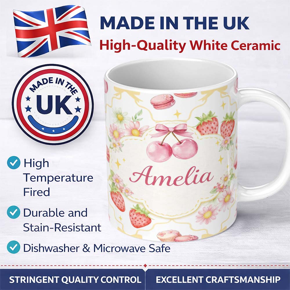 Personalized Custom Name Strawberry Cherry Daisy White Yellow Outline Cute Coquette Floral 11oz Ceramic Coffee Tea Mug White Large Handle