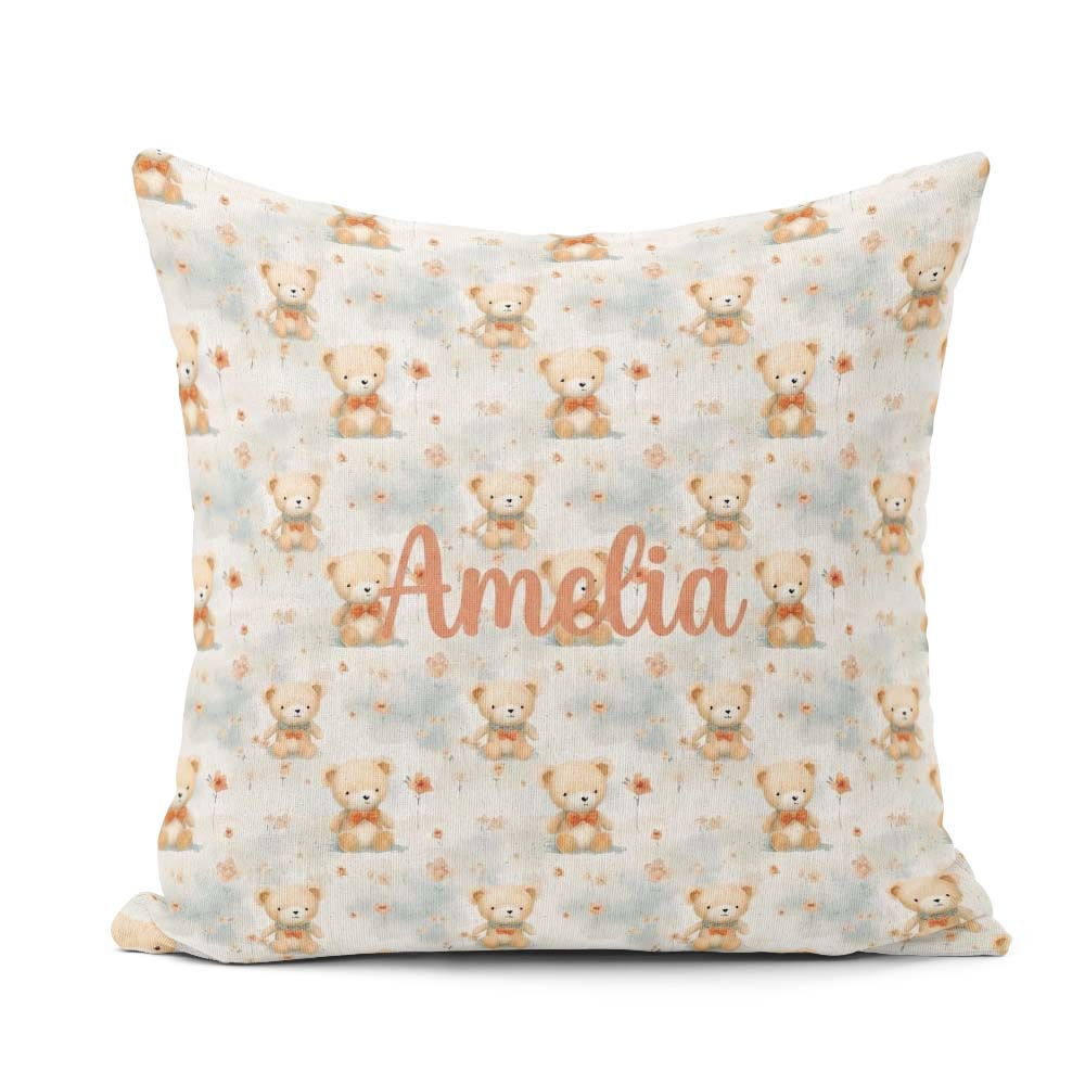 Custom Name Soft Teddy with Floral Accents Seamless Pattern Name Square Filled Cushion Throw Pillow Sofa Bed Home Decor Zip Washable UK Made