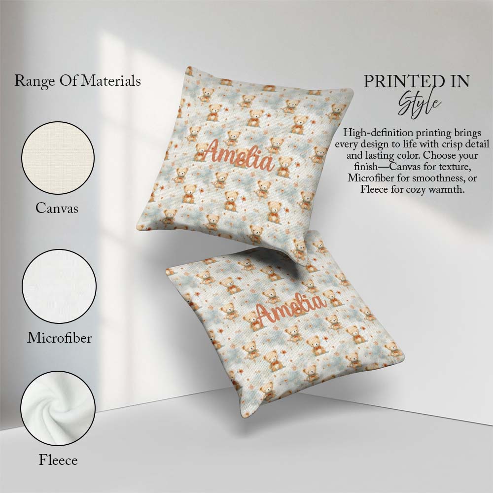 Custom Name Soft Teddy with Floral Accents Seamless Pattern Name Square Filled Cushion Throw Pillow Sofa Bed Home Decor Zip Washable UK Made