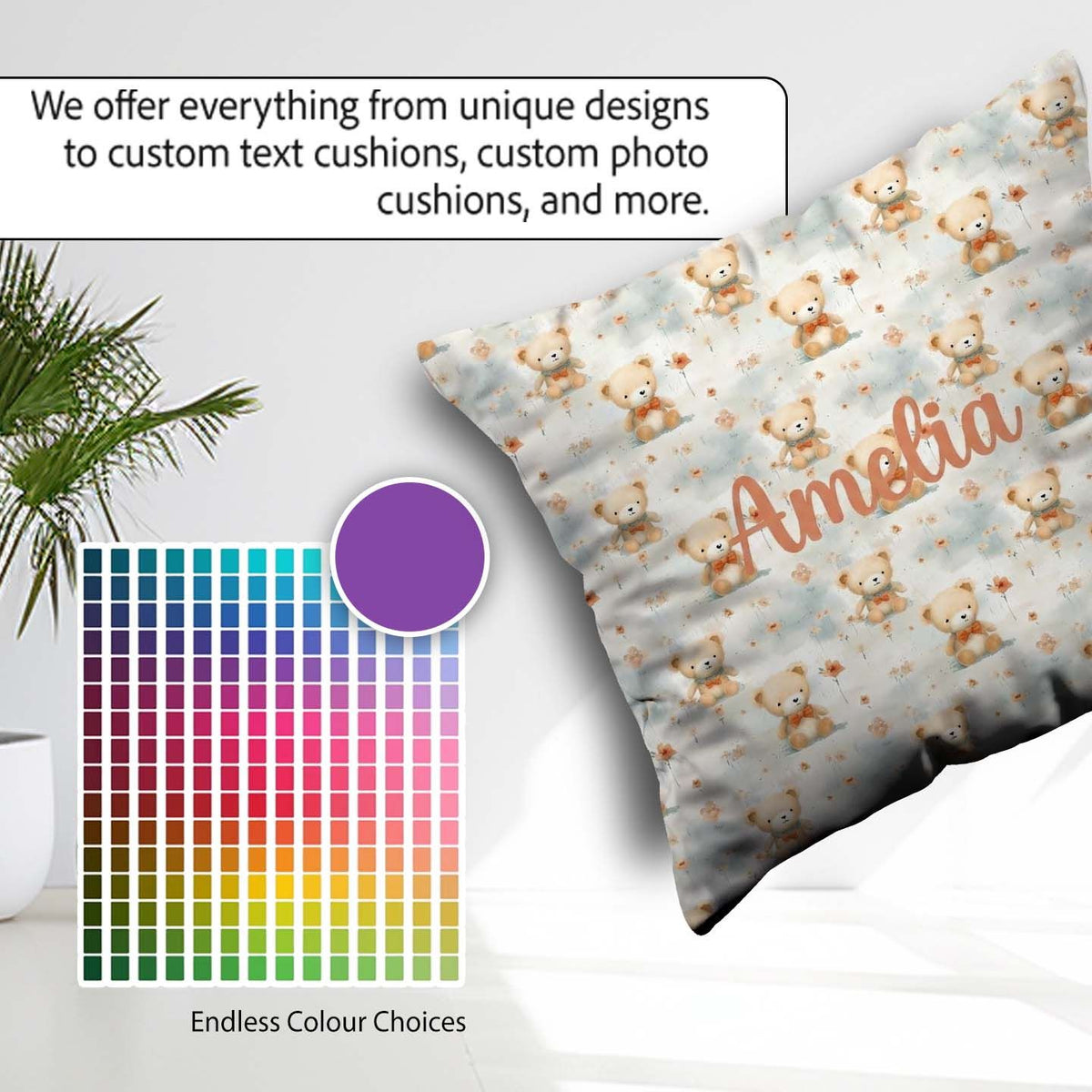 Custom Name Soft Teddy with Floral Accents Seamless Pattern Name Square Filled Cushion Throw Pillow Sofa Bed Home Decor Zip Washable UK Made